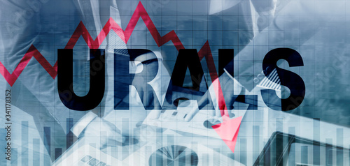 Price oil down. Urals concept on abstract business background. Barrel arrow down. Oil trend down.