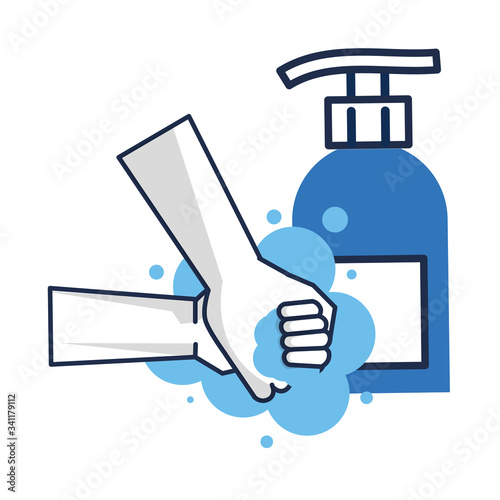 hands weashing with antibacterial soap bottle