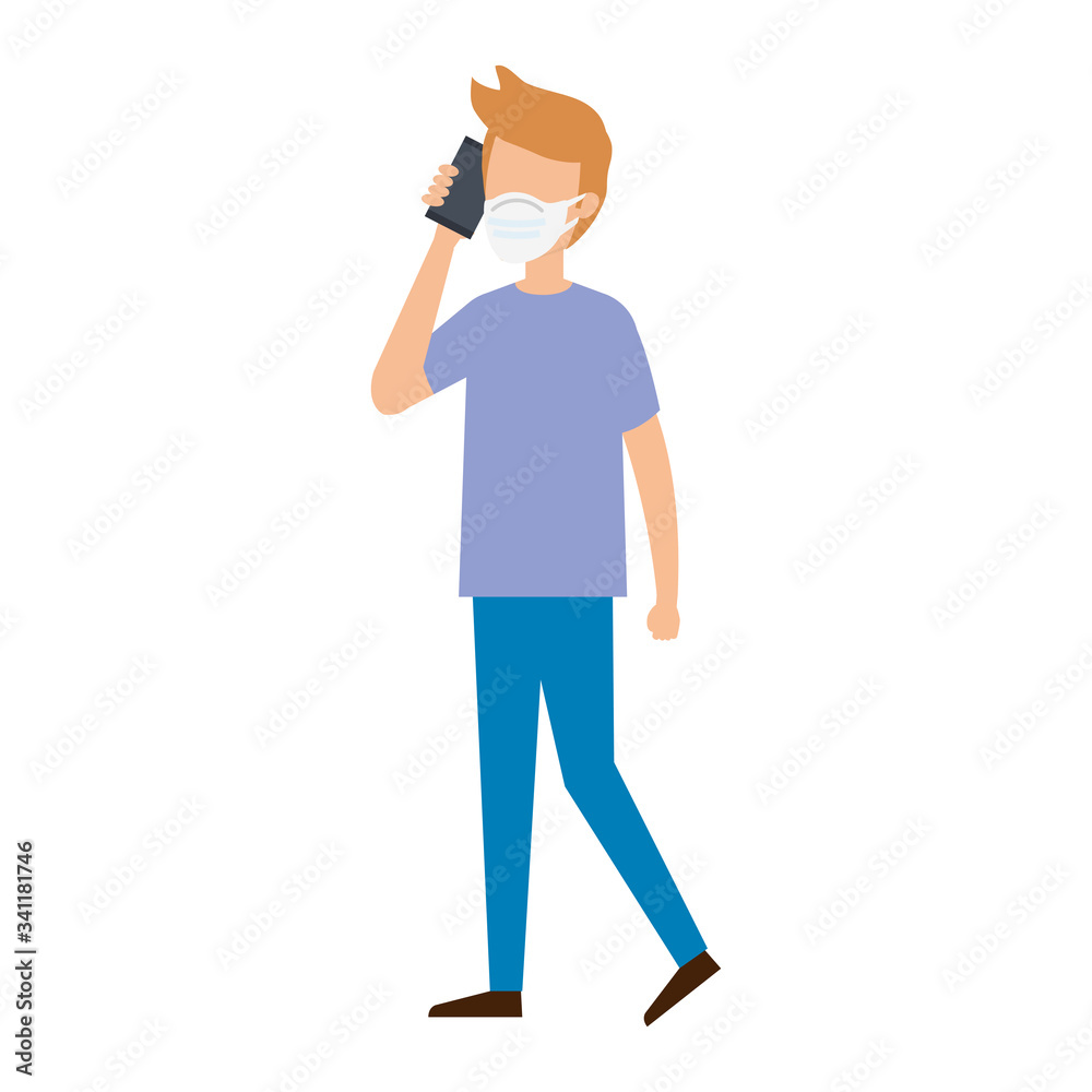 young man using face mask with smartphone vector illustration design young man using face mask with smartphone vector illustration design