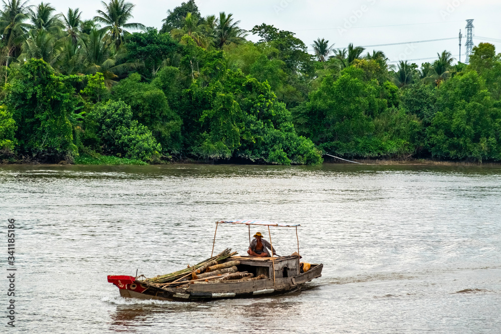 Boat transporting poultry on the Mekong River. Vinh Long, Vietnam, Mekong delta.