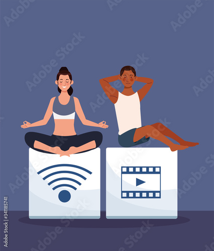 interracial couple practicing online exercise and yoga for quarantine