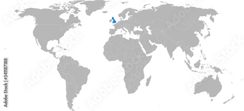 Kuwait, United Kingdom countries highlighted on world map. Light gray background. Business concepts, diplomatic, trade, transport relations.