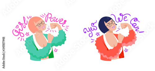 Feminist and body positive vector stickers set. Female movements cartoon badges with inspirational quotes.