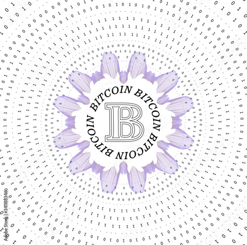 Crypto currency money logo design. Bitcoin poster with guilloche and text. Vector illustration.