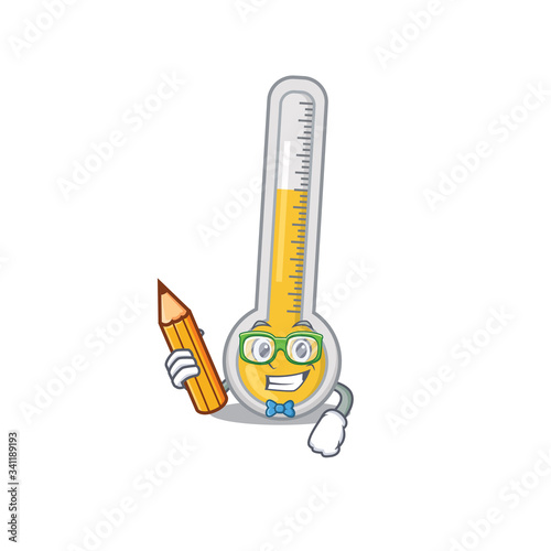 A brainy student warm thermometer cartoon character with pencil and glasses