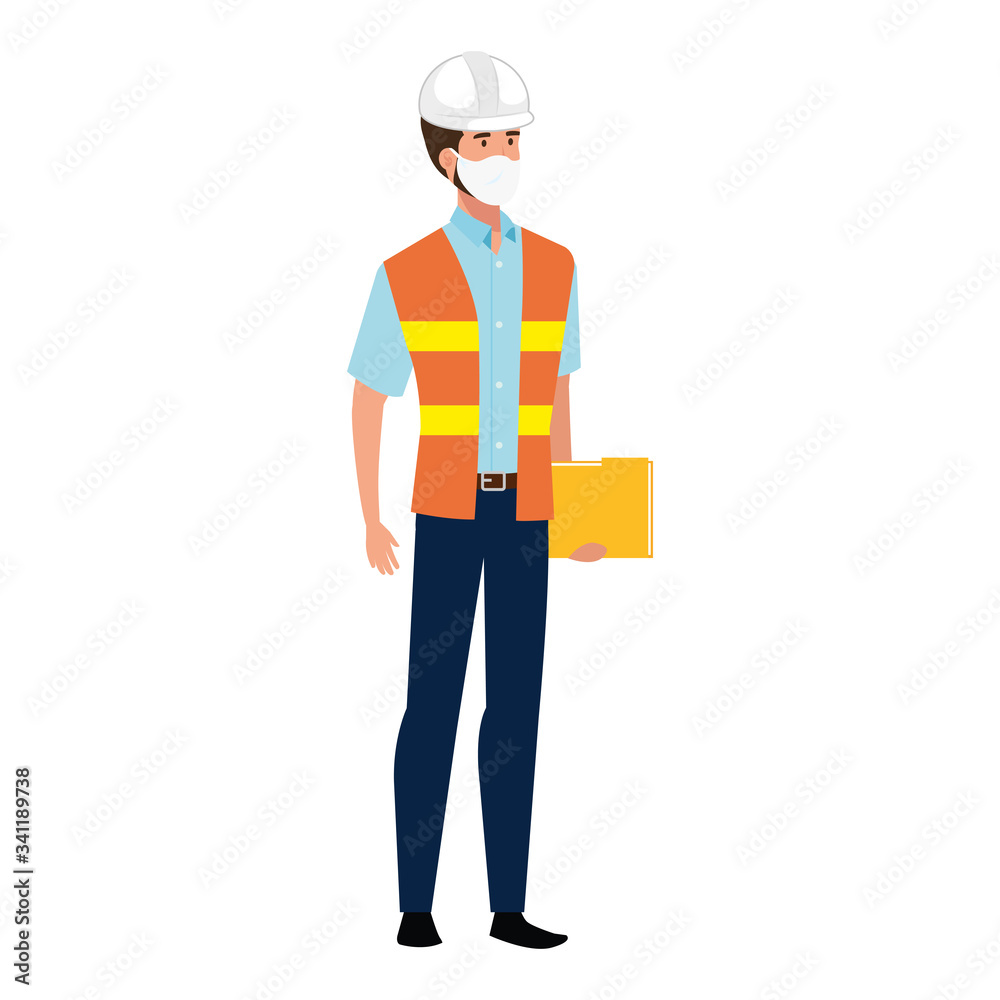 man engineer with vest using face mask isolated icon vector illustration design