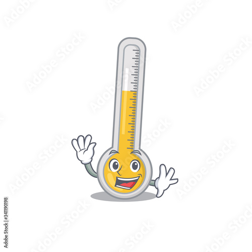 A charismatic warm thermometer mascot design style smiling and waving hand