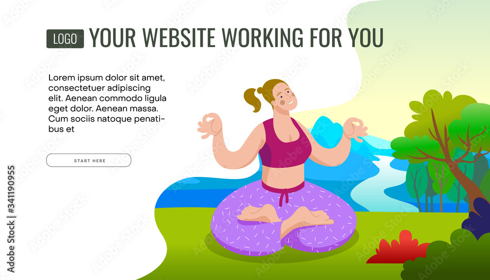 Obraz premium Poster with yoga girl on forest and mountains background in cartoon style. Use it for web page creation. Vector illustration.