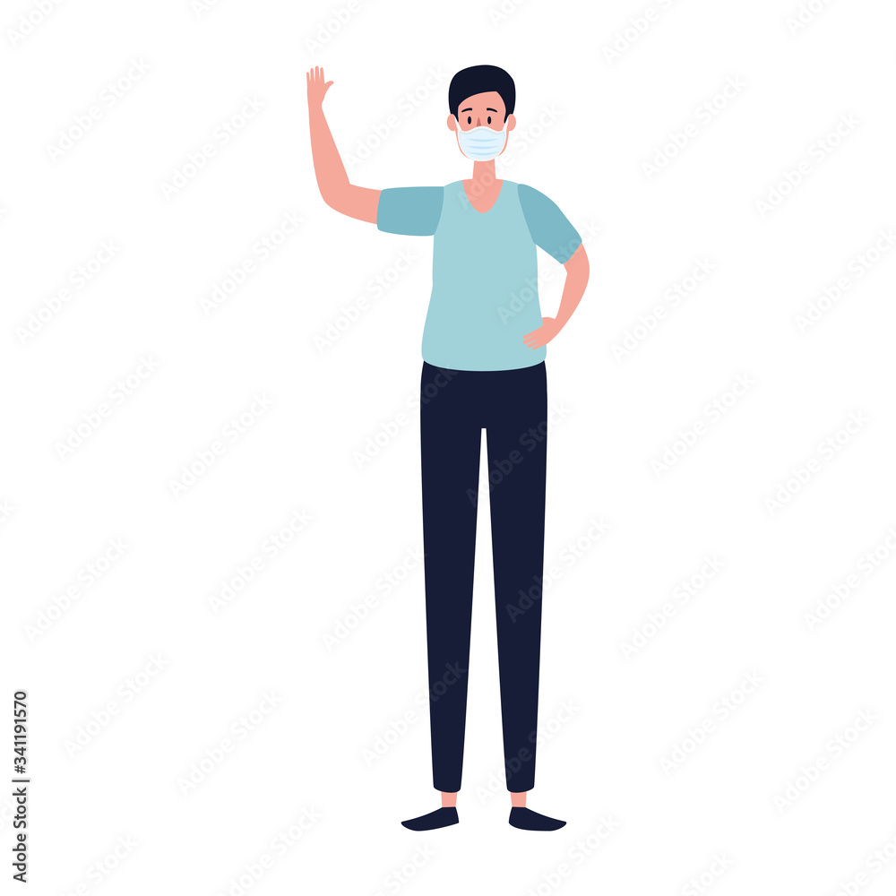 young man using face mask with hand up vector illustration design young man using face mask with hand up vector illustration design