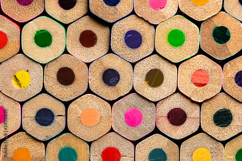 A macro of a very OCD orderly stack of  unsharpened colored pencil ends.  Sharp and Highly Detailed with a shallow depth of focus.