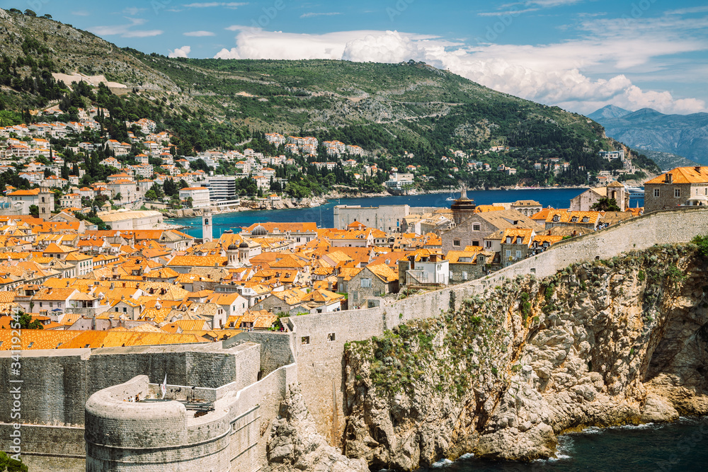 Dubrovnik old town and medieval city walls with adriatic sea in Croatia