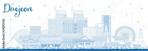 Outline Daejeon South Korea City Skyline with Blue Buildings.