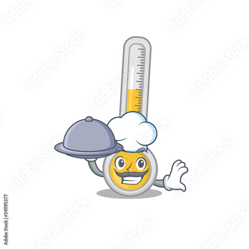 Warm thermometer chef cartoon character serving food on tray