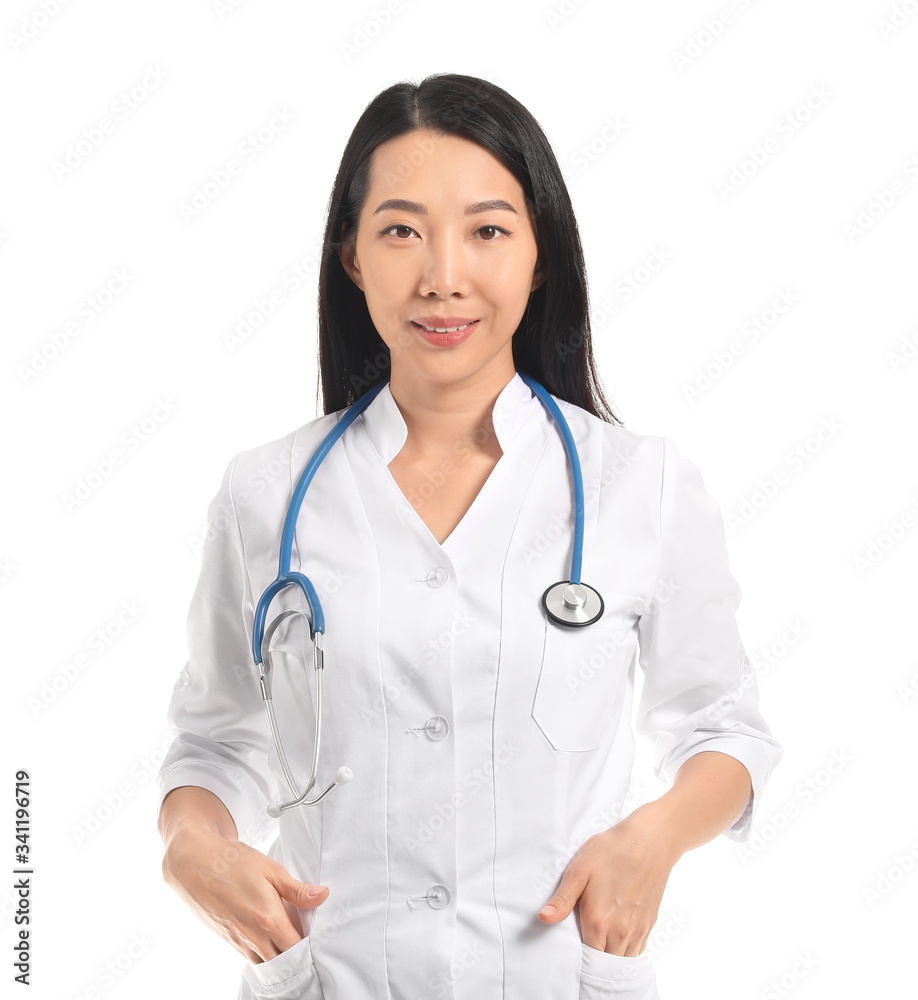 Female Asian doctor on white background Female Asian doctor on white background