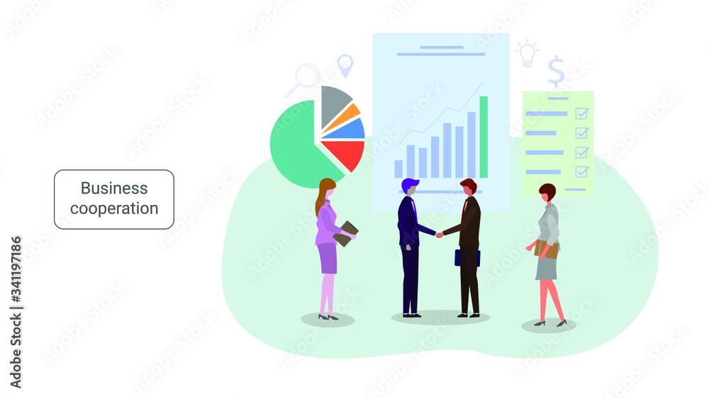 Cooperation and partnership in business concept. Business people shake hands. Vector illustration, flat style.