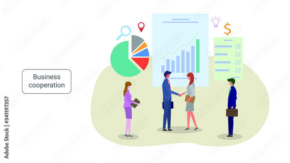 Cooperation and partnership in business concept. Business people shake hands. Vector illustration, flat style.