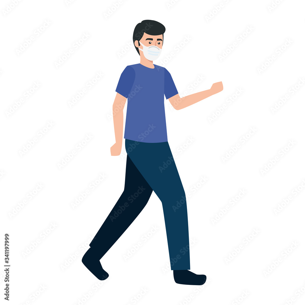 young man walking using face mask isolated icon vector illustration design