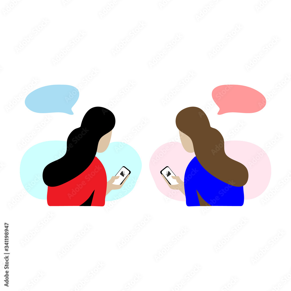 Flat illustration character design of two woman're discussing about business situation and looking a decline line business bar or graph diagram icon with black dropping arrow on their smartphone. Flat illustration character design of two woman're discussing about business situation and looking a decline line business bar or graph diagram icon with black dropping arrow on their smartphone.