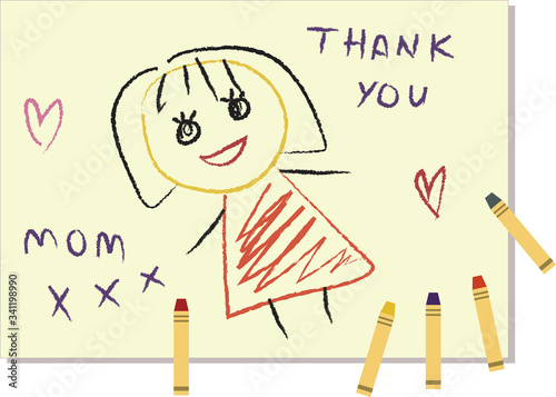 母の日　こどもがクレヨンで手描きしたお母さんの似顔絵　thank you mom 