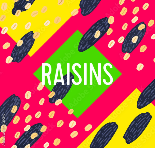 Packaging label design template for granola bar, oatmeal cereal with raisins. Colorful vector cartoon illustration.