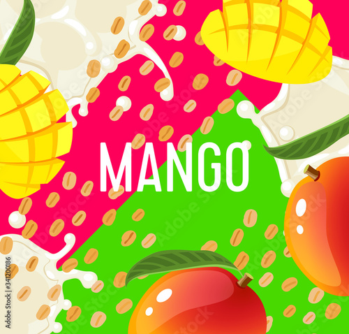 Packaging label design template for granola bar, oatmeal cereal with mango. Colorful vector cartoon illustration.