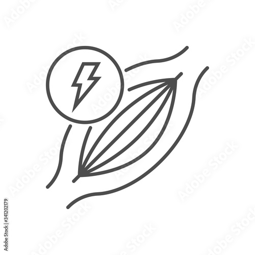 Muscle pain related vector thin line icon. Muscle with lightning. Isolated on white background. Editable stroke. Vector illustration.