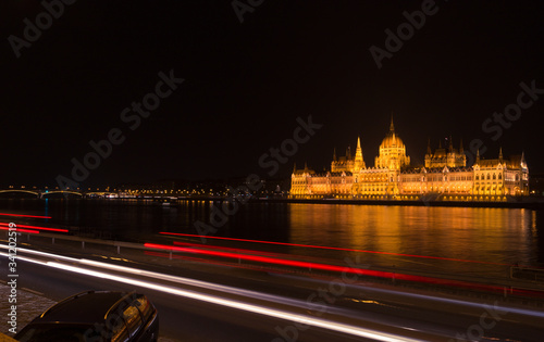 Hungarian Parliament Building in the evening lights, Budapest, Hungary. Long exposure photographs at night from the Buda side.