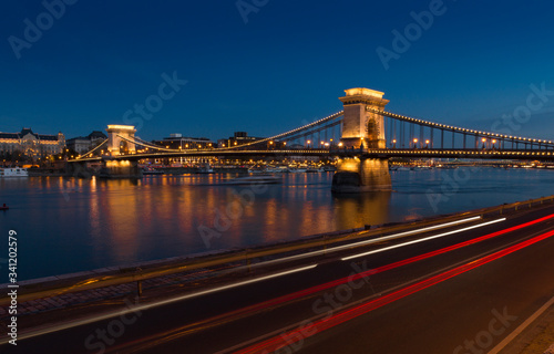Széchenyi Chain Bridge, Budapest, Hungary. Long exposure photographs at night from the Pest side.