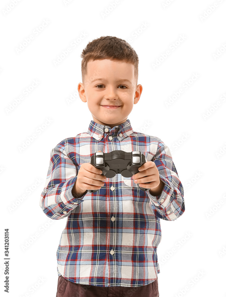 Happy little boy playing video games on white background Happy little boy playing video games on white background