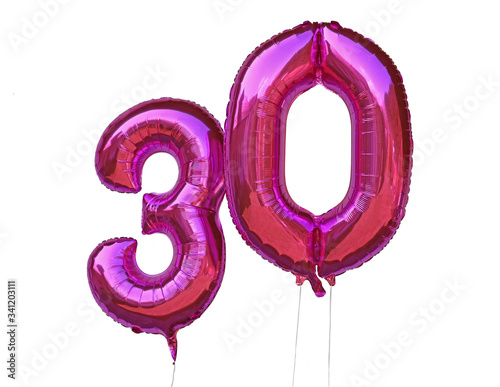 pink helium balloons number 30 thirty isolated on white background