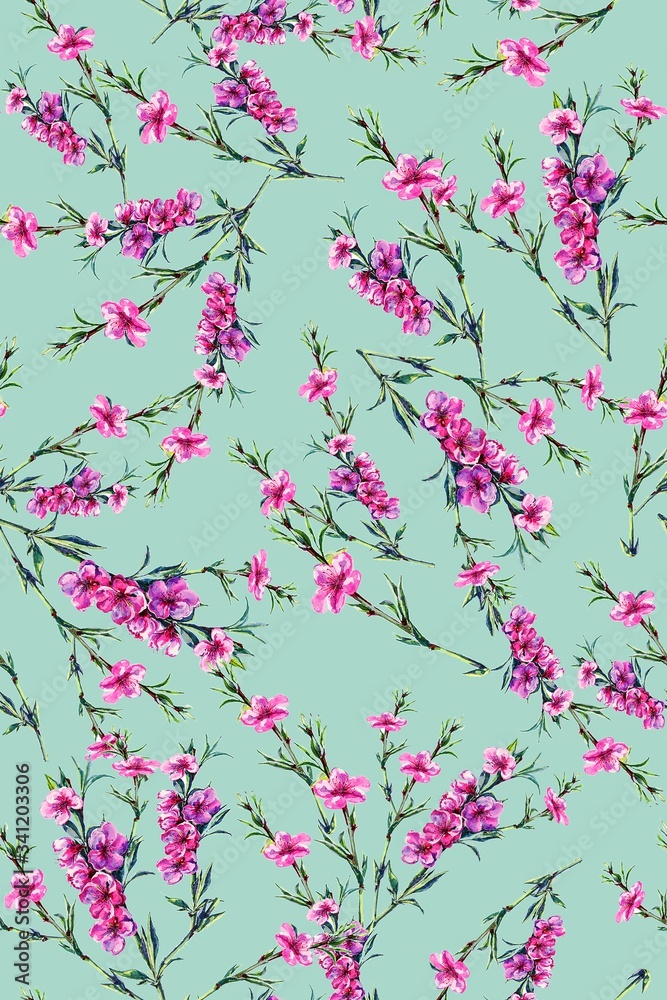Illustration with seamless pattern floral design. Beautiful seamless pattern on coloured background with tropical flowers and plants. Composition with hibiscus and leaves. Stylish print for textile Illustration with seamless pattern floral design. Beautiful seamless pattern on coloured background with tropical flowers and plants. Composition with hibiscus and leaves. Stylish print for textile