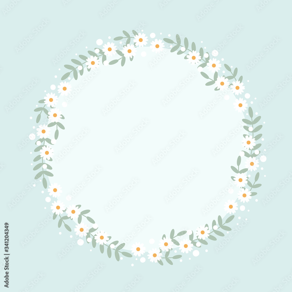 cute flat style white daisy flower wreath frame on blue background for  birthday wedding or mother's day