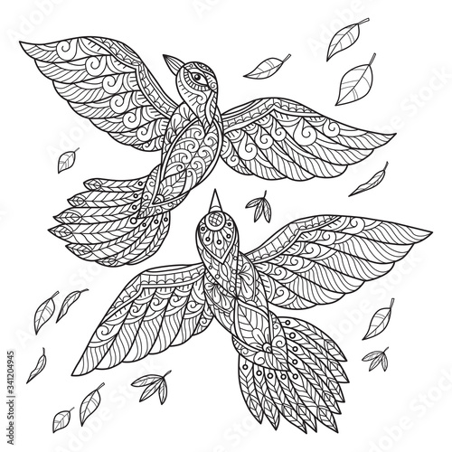 Birds flying. Hand drawn sketch illustration for adult coloring book.