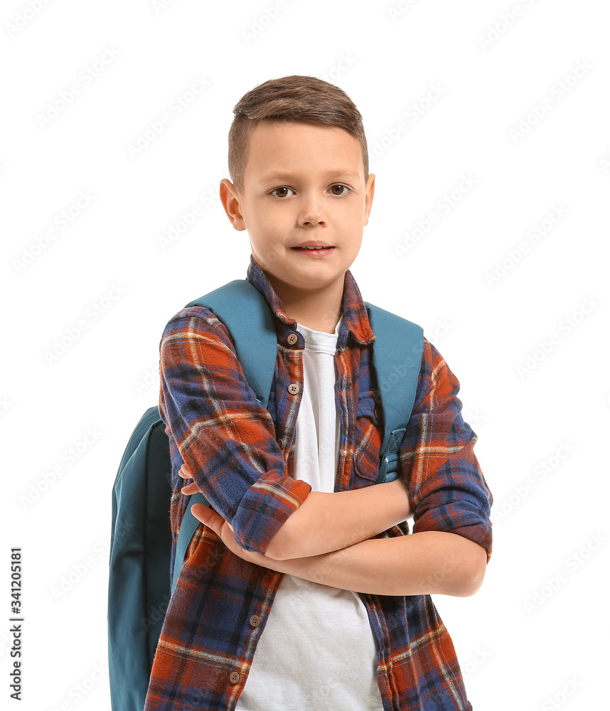 Cute little schoolboy on white background Cute little schoolboy on white background