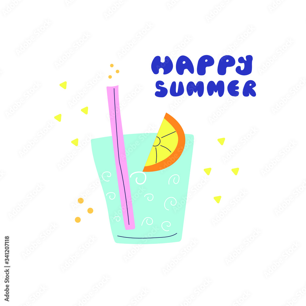 Hand drawn text Happy Summer and cocktail. Flat vector illustration for t shirt design, banners, cards, notebooks and other. Hand drawn text Happy Summer and cocktail. Flat vector illustration for t shirt design, banners, cards, notebooks and other.