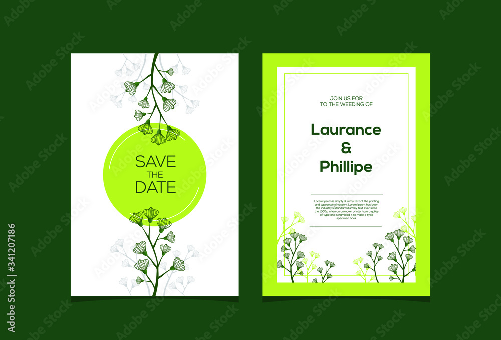 Floral wedding invitation card template design, flowers and leaves with on green background, vintage style