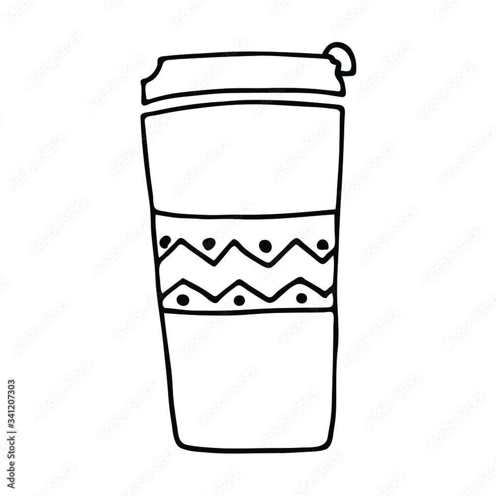 Doodle thermo mug or cup for car, traveling, walk, tour, trip. Vector illustration isolated on white background. Doodle thermo mug or cup for car, traveling, walk, tour, trip. Vector illustration isolated on white background.