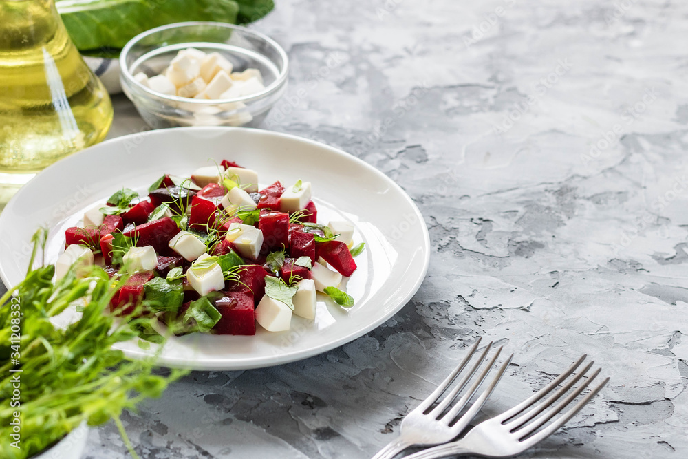 Baked beets with feta cheese and shoots of young peas Baked beets with feta cheese and shoots of young peas