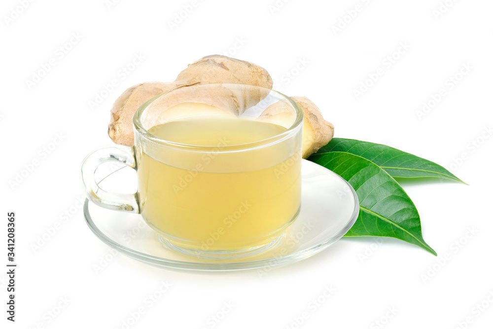 Hot herbal ginger tea in crystal cup isolated on white background Hot herbal ginger tea in crystal cup isolated on white background