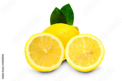 One whole lemon fruit and a half isolated on white background with clipping path. Use it for a health and nutrition concept.