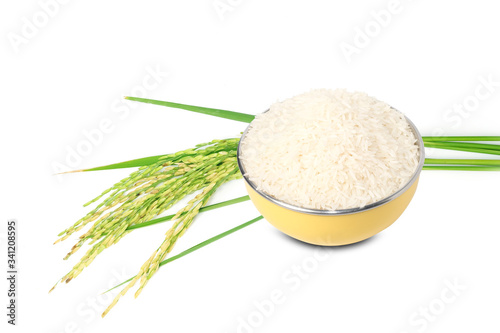 White rice Thai Jasmine rice in bowl and unmilled rice isolated on white background