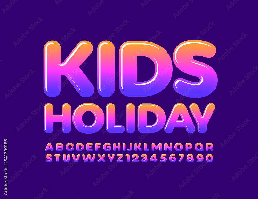 Vector bright sign Kids Holiday with colorful Glossy Font. Creative Alphabet Letters and Numbers