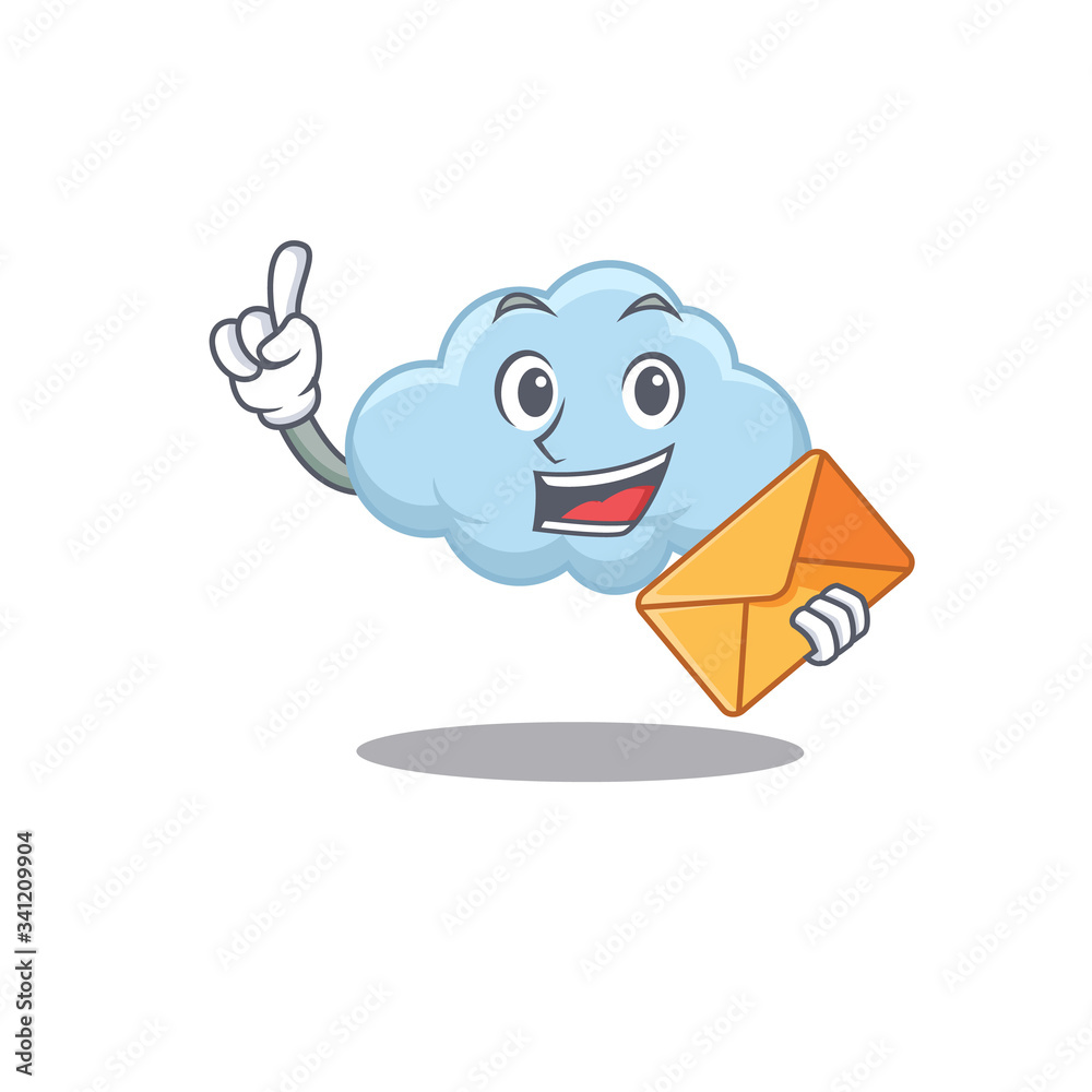 Happy blue cloud mascot design concept with brown envelope Happy blue cloud mascot design concept with brown envelope