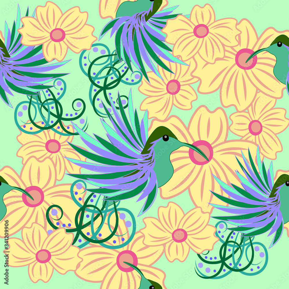 Hummingbirds with flowers seamless fabric pattern.