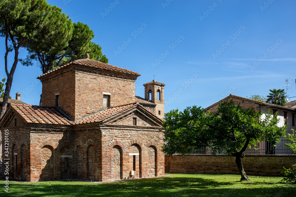 The Mausoleum of Galla Placida in Ravenna, Italy. Small chapel with colorful Byzantine mosaics - one of the UNESCO world heritage site.