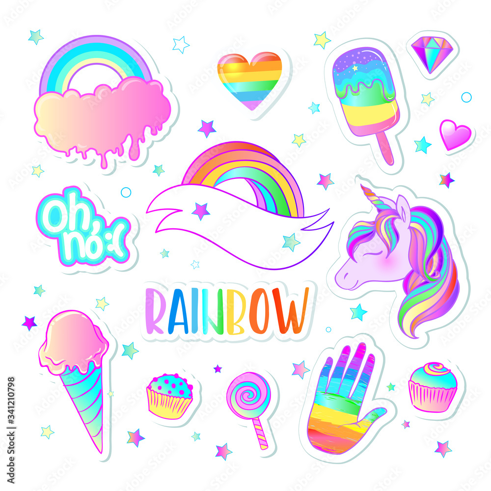 Colorful sticker set: candies, sweets, rainbow, . Vector illustration. Stickers, pins, patches. Halloween pastel colors. Cute gothic style.