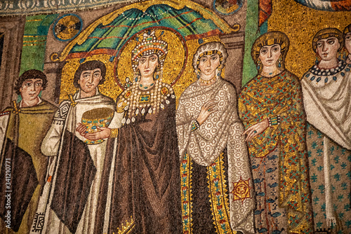 Interior of Basilica of San Vitale, which has important examples of early Christian Byzantine art and architecture. Ravenna. Italy. Empress Theodora and attendants photo