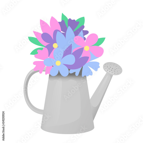 Bouquet of flowers in a watering can. Vector illustration isolated on a white background. Clip art for the design of sites  banners  labels  covers.