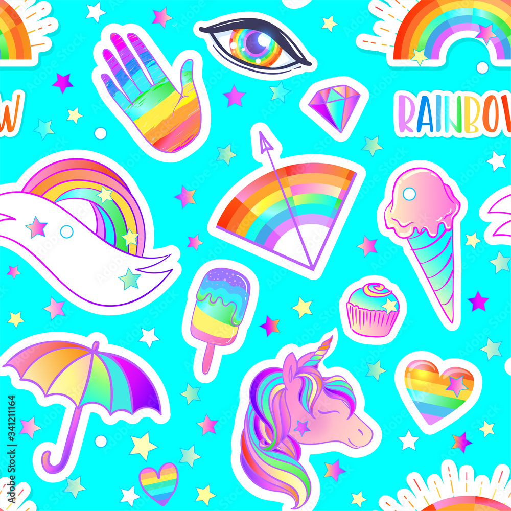 Colorful seamless rainbow pattern: candies, sweets, ice cream, unicorn,umbrella, hand. Vector illustration. Stickers, pins, patches. Halloween pastel colors. Cute gothic style