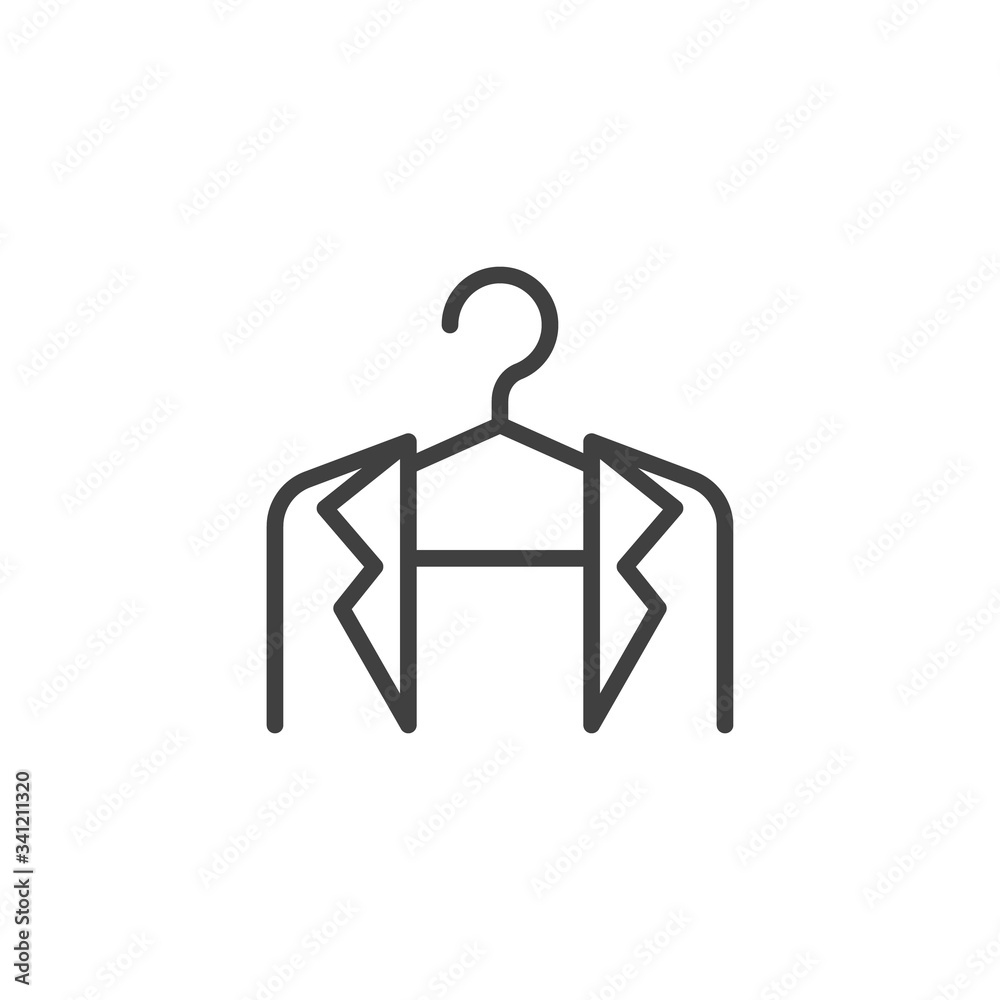 Jacket on a hanger line icon. linear style sign for mobile concept and web design. Suit on hanger outline vector icon. Symbol, logo illustration. Vector graphics Jacket on a hanger line icon. linear style sign for mobile concept and web design. Suit on hanger outline vector icon. Symbol, logo illustration. Vector graphics